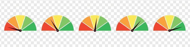 Set of different colorful speedometers, meter gauge element, ratings of varying degrees of satisfaction. Level indicator collection. Vector isolated illustration