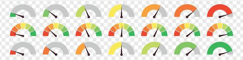 Set of different colorful speedometers, meter gauge element, ratings of varying degrees of satisfaction. Level indicator collection. Vector isolated illustration