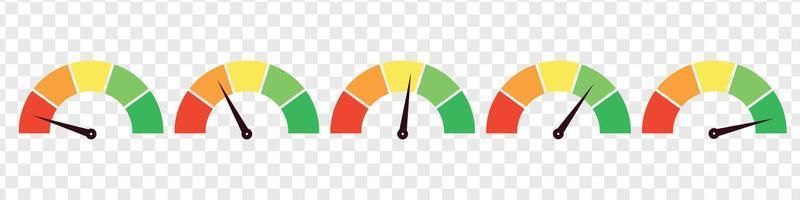 conjunto de diferentes elementos de calibre de medidor. barómetros verde y rojo, alto y bajo, nivel malo y bueno o escala de riesgo. ilustración vectorial aislada vector