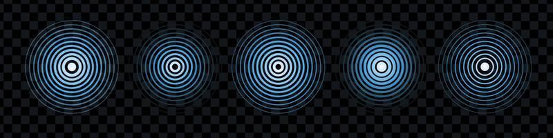 línea de pulso radial azul sobre fondo negro. efecto de luz de línea azul curva. círculo concéntrico de la señal. elemento gráfico. conjunto de efectos de luz redondos. espiral de onda circular. ilustración vectorial aislada vector