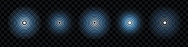 Blue radial pulse line on black background. Curve blue line light effect. Signal concentric circle. Graphic element. Round light effect set. Circular wave spiral. Vector isolated illustration