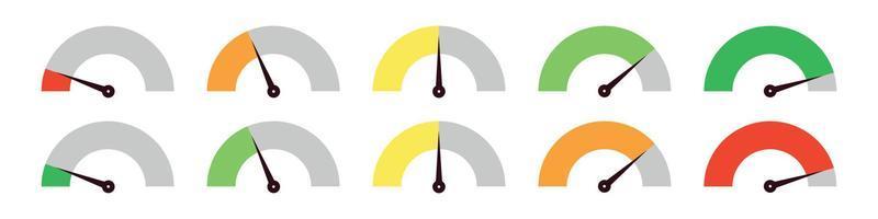 Set of different colorful speedometers, meter gauge element, ratings of varying degrees of satisfaction. Level indicator collection. Vector isolated illustration