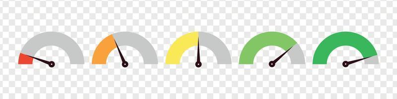 conjunto de velocímetro, indicador de marcación rápida. barómetros verde y rojo, alto y bajo, nivel malo y bueno o escala de riesgo. ilustración vectorial aislada vector