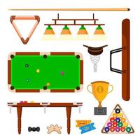 Snooker Icons Set Vector. Snooker, Billiard Accessories. Balls, Cue, Green Table, Lamp. Isolated Flat Cartoon Illustration vector