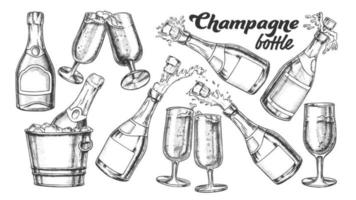 Champagne Bottle And Glass Monochrome Set Vector