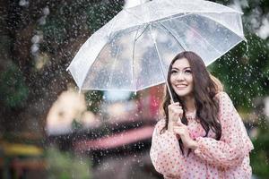 Beautiful girl in the rain with transparent umbrella photo