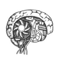 vector monocromo de vista lateral del cerebro cibernético ai