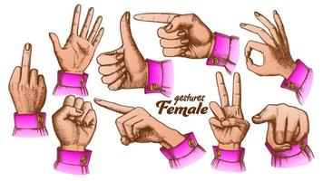 Color Multiple Female Caucasian Hand Gesture Set Vector