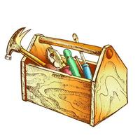 caja de herramientas de madera vintage de color con vector de instrumento antiguo