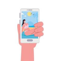 mano que sostiene el teléfono inteligente y una chica con máscara en la playa en el diseño de vectores de chat de video