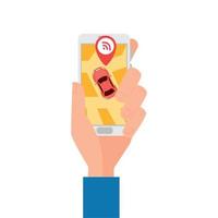 Hand holding smartphone with red car and wifi gps mark vector design