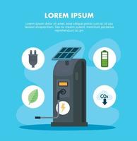 eco electric station with solar panel and icon set vector design