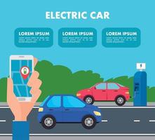 eco electric station blue and red car and hand holding smartphone vector design