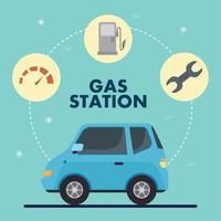 gas station and blue car with icon set vector design