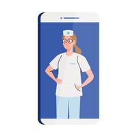 medicine online with nurse and smartphone, on white background vector