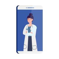 medicina en línea con una doctora en un smartphone de fondo blanco vector