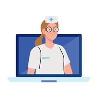 medicina en línea con enfermera en computadora, sobre fondo blanco vector