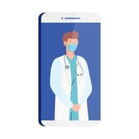 medicina en línea con un médico masculino en un teléfono inteligente vector