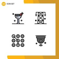 4 Universal Filledline Flat Color Signs Symbols of cocktail access eat line passkey Editable Vector Design Elements