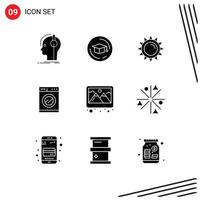 Set of 9 Commercial Solid Glyphs pack for picture frame sun washing kitchen Editable Vector Design Elements