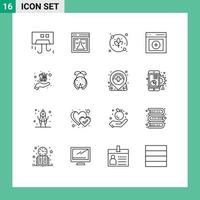 paquete de 16 signos y símbolos de contornos modernos para medios de impresión web, como elementos de diseño de vectores editables de comunicación de carga web de usuario de carro
