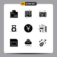 Mobile Interface Solid Glyph Set of 9 Pictograms of yuan gym print fitness oven Editable Vector Design Elements