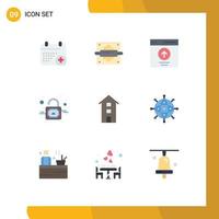 Mobile Interface Flat Color Set of 9 Pictograms of house unlock communication padlock user Editable Vector Design Elements