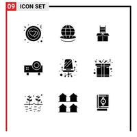 Pack of 9 creative Solid Glyphs of furniture video projector gift slide projector powerpoint presentation Editable Vector Design Elements