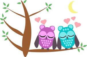 Lovelorn owls sit on a tree branch under the moon, celebrating Valentine's Day vector