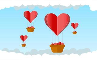 afiche o pancarta con cielo azul y nubes cortadas en papel. lugar para el texto. plantilla de cupón o encabezado de venta de feliz día de san valentín con corazones colgantes. vector