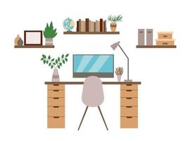 Modern workspace with computer table, chair, lamp and bookshelves. Flat vector illustration. Interior design of study room. Office furniture, online workspace.