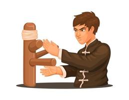 Kungfu master practicing with wooden dummy cartoon illustration vector