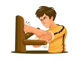 Kungfu man training with wooden dummy character cartoon illustration vector