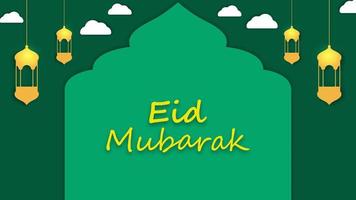 Islamic Eid Mubarak banner background with mosque, lantern and clouds on green. Vector illustration. EPS 10.