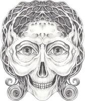Art fancy surreal skull. Hand drawing and make graphic vector. vector