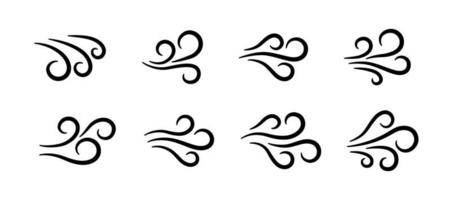Hand drawn wind air flow icon set. Free breath symbol. Fresh air flow sign. Doodle wind blow icons collection. Weather symbol. Climate design element. Vector illustration isolated on white background