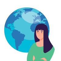 Mujer joven con planeta mundial sobre fondo blanco. vector