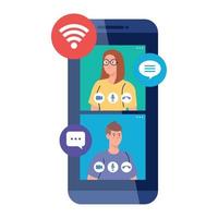 pareja en el chat de video en línea en el teléfono inteligente, con iconos de redes sociales vector