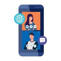 pareja en el chat de video en línea en el teléfono inteligente, con iconos de redes sociales vector