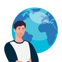 young man with world planet on white background vector