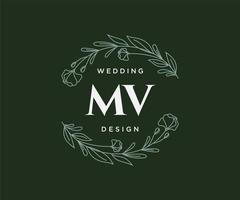 MV Initials letter Wedding monogram logos collection, hand drawn modern minimalistic and floral templates for Invitation cards, Save the Date, elegant identity for restaurant, boutique, cafe in vector