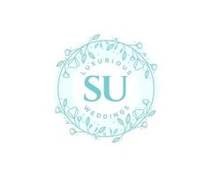 SU Initials letter Wedding monogram logos template, hand drawn modern minimalistic and floral templates for Invitation cards, Save the Date, elegant identity. vector