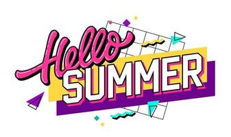 Vibrant image with a 90s-inspired lettering featuring the phrase - Hello Summer - in bold, bright colors. The background features geometric shapes in a contrasting color palette. vector