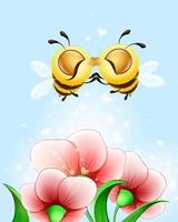 Cute funny cartoon fluffy bee couple flies and kissing under the smelling red flowers. vector