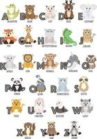 English alphabet Cute Animals for kids education. Funny hand drawn character style. Vector illustration.