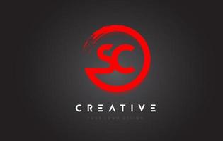 Red SC Circular Letter Logo with Circle Brush Design and Black Background. vector