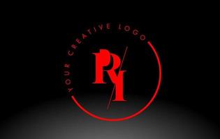 Red RI Serif Letter Logo Design with Creative Intersected Cut. vector