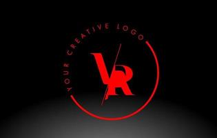 Red VR Serif Letter Logo Design with Creative Intersected Cut. vector