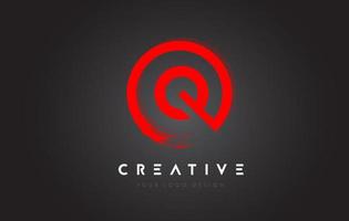 Red Q Circular Letter Logo with Circle Brush Design and Black Background. vector