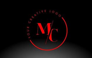 Red MC Serif Letter Logo Design with Creative Intersected Cut. vector